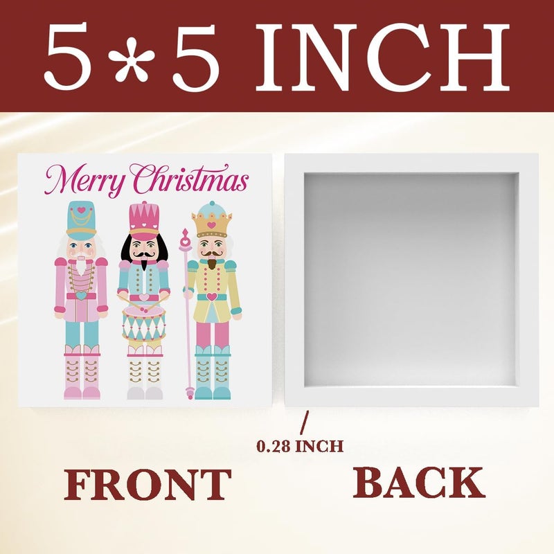 FXEFXE Pink Christmas Decor, Nutcracker Christmas Decorations Indoor, Merry Sign Gift for Women Friends, Rustic Farmhouse Wooden Box Sign for Home Shelf Office Bedroom Living Room Desk Decor 5x5 Inches - Image 2